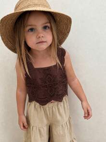 Emery Rose Kids Emery Rose Kids 少女編織素色方領荷葉邊休閒背心與長褲2件組 - 杏色 - 查看 5