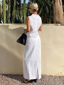 Livesso Spring Summer White Short Top Pullover Shirt Vest Wedding Casual Vacation Skirt Set Elegant Commute Women 2pcs Set - White - View 4