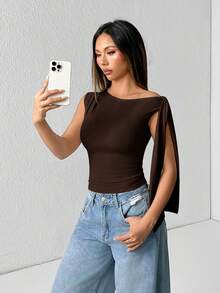 SHEIN PETITE 純色單肩綁帶上衣，適合嬌小女性 - 棕色 - 查看 4
