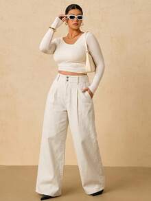 SHEIN Tall CURVE 大码女式高腰双扣白色阔腿牛仔裤，休闲夏季优雅商务日常穿搭；大码女式纯色口袋拉链纽扣宽松牛仔裤，夏季款 - 白色 - 查看 5