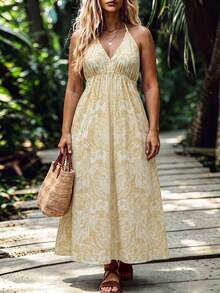 SHEIN LUNE CURVE Plus Size Women's All-Over Print Pleated Casual Boho Party Beach Vacation Halter Neck Tie Dress Yellow Summer - Yellow - View 4