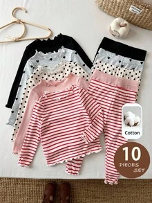 SHEIN LMoss Kids 女嬰針織純色波點條紋愛心圖案荷葉邊飾T恤與長褲10件套 - 彩色 - 查看 3