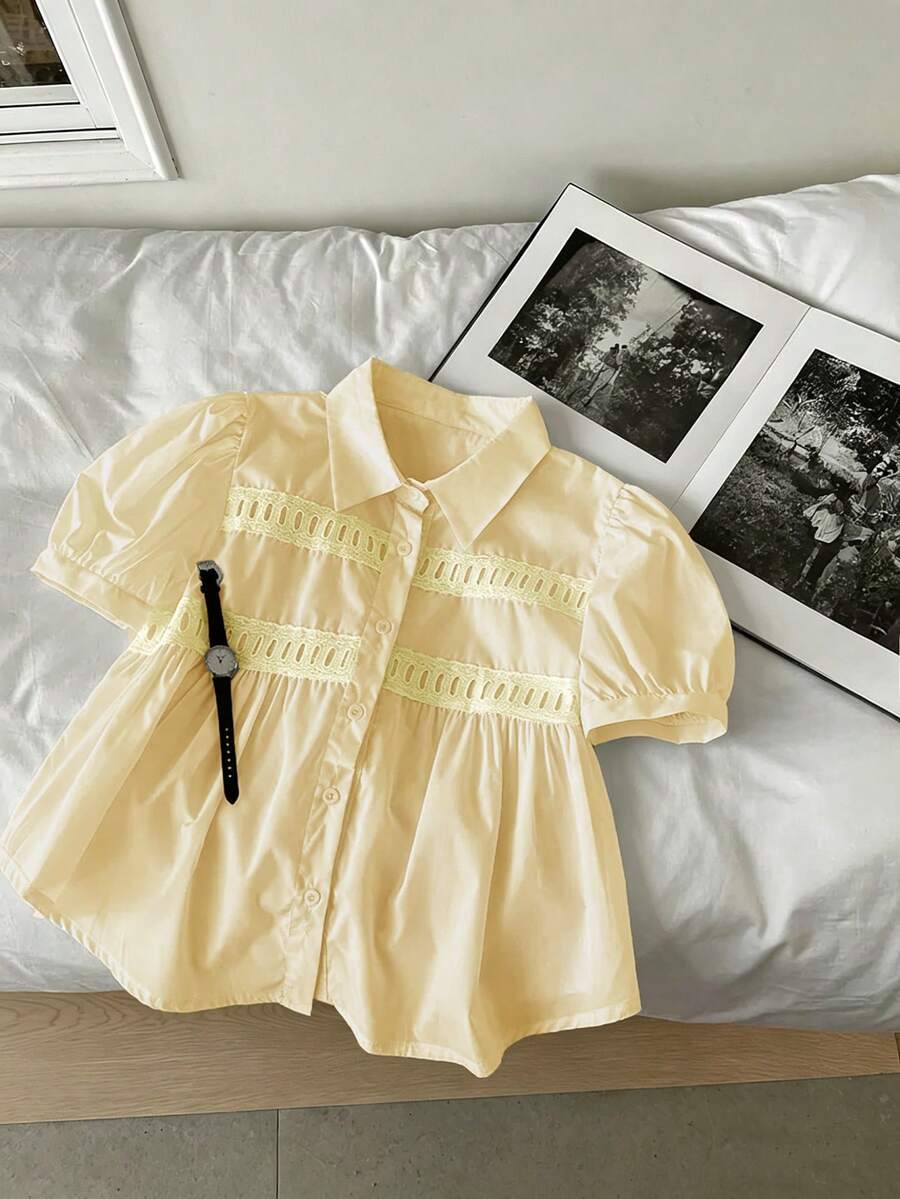 GlowEve Camisa de mujer de unicolor, con pliegues y abotonadura sencilla, versátil para uso diario - Amarillo claro - Ver 1
