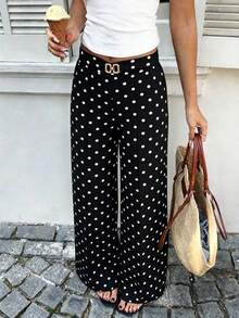 EMERY ROSE Women's Polka Dot Floral Pattern Casual Elegant Versatile Daily Travel Long Pants Tea Party White And Black Polka Dot Autumn - Multicolor - View 3