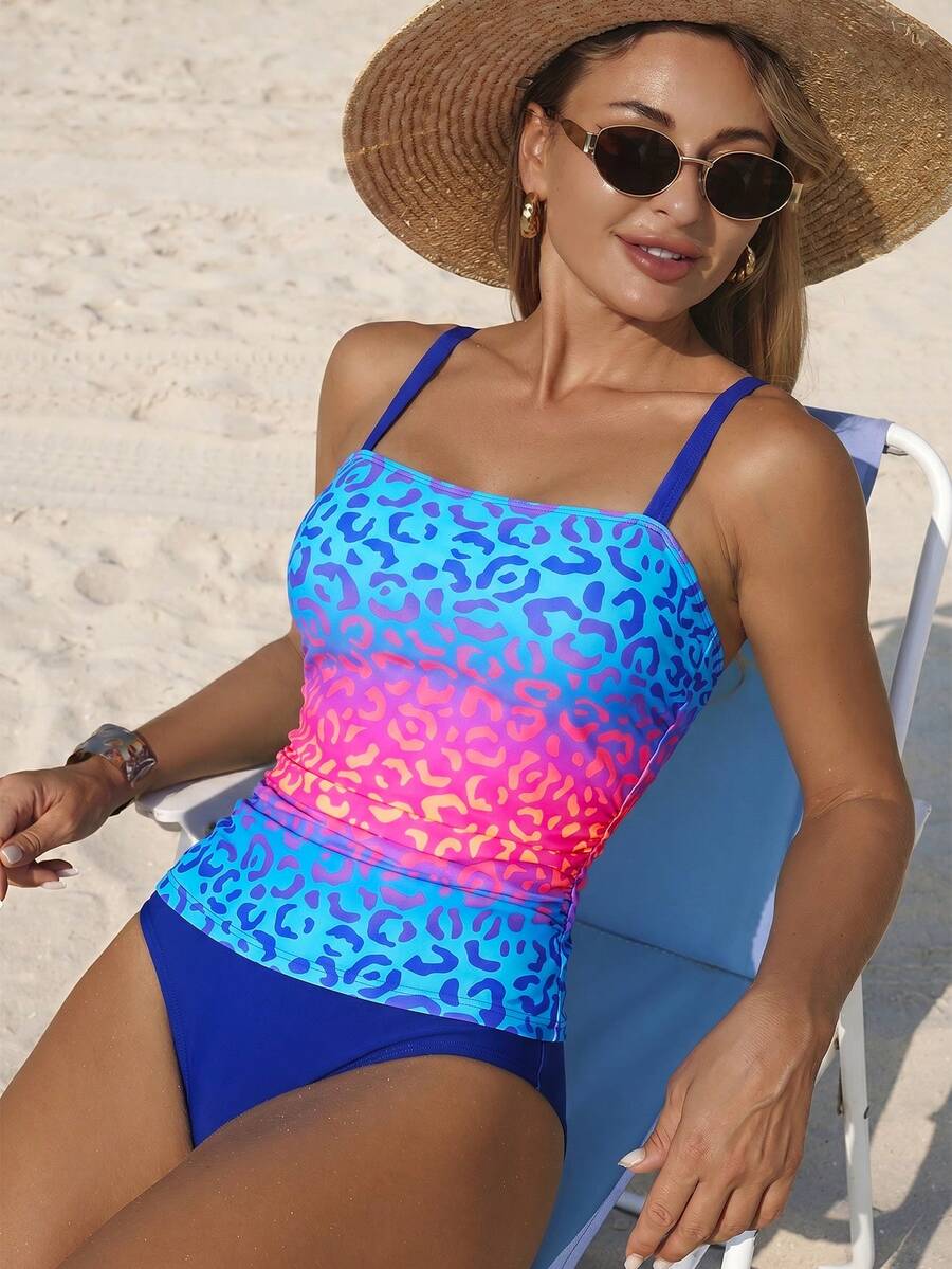 Swim Lushoire Women's Gradient Leopard Print Tankini 2-Piece Swimsuit, Adjustable Spaghetti Strap, Ruched Tummy Control Top, Solid Color Triangle Bottoms, Blue To Pink Gradient Beach Pool Vacation Swimwear - Multicolor - View 1