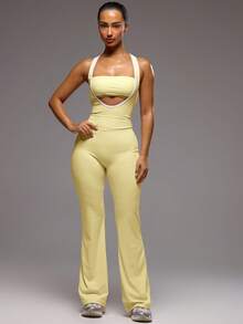Musera Sport Contrast Cut Out Wide Leg Active Jumpsuit Sport Workout Gym Pilates Fitness Daily Girly Casual Hot Sweat Summer - Butter Yellow - View 5