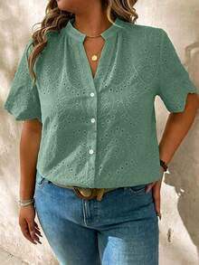 EMERY ROSE Blusa bordada con calado, de manga corta, talla grande - Verde - Ver 4