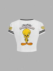 LOONEY TUNES X SHEIN 女士修身条纹卡通图案撞色滚边短袖T恤 - 白色 - 查看 2