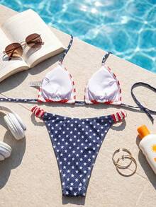 Swim Mod Conjunto de 2 piezas de ropa de playa para mujer, moda linda para vacaciones, sexy para piscina y fiesta en la playa, con estampado de estrella y rayas de bandera estadounidense, top triangular con cuello halter, espalda descubierta y lazo, y braguita de bikini fruncida - Multicolor - Ver 2