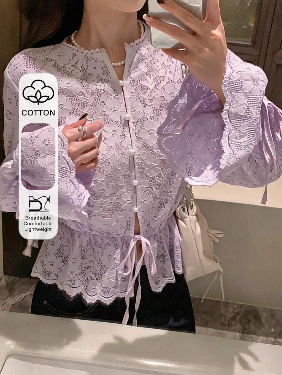 DAZY Women's Solid Color Lace Splice Drawstring Hem Ruffle Tie Elegant Vacation Blouse, Spring/Autumn Long Sleeve - Purple - View 1