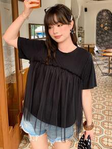 Dazy Plus 大尺碼女款休閒短袖T恤，圓領、寬鬆版型、拼接網格、2合1設計，春/夏 - 黑色 - 查看 2