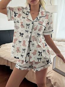 Napfluff Conjunto de pijama para mujer con estampado de conejo & oso, lunares, lazo, doble solapa y decoración de botones - Multicolor - Ver 3