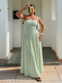 Muchica Vestido de Talla Grande sin Tirantes sin Mangas con Pliegues en Línea A - verde menta - Ver 5