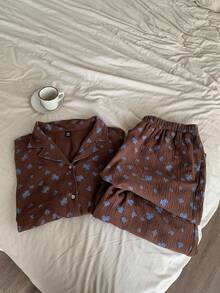 Dazy Plus Floral Textured Chiffon Fabric Loose Short Sleeve Top And Long Pants Pajama Set, Plus Size, Brown, Spring/Summer - Brown - View 8