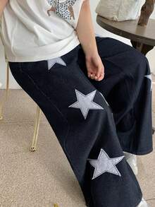 Dazy Plus Fashion Casual Contrast Color Patchwork Waistband 3-Button Decor Loose Straight Leg Long Plus Size Women's Jeans All Season - Dark Wash - View 4