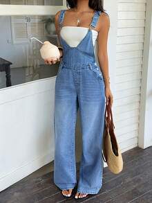 Rivivi Damen Frühjahr/Sommer Mode Lässig Gerade Beine Washed Denim Latzhose - Mittele Waschung - Übersicht 1