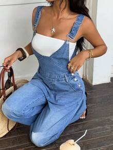 Rivivi Damen Frühjahr/Sommer Mode Lässig Gerade Beine Washed Denim Latzhose - Mittele Waschung - Übersicht 6