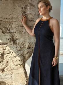MOTF PREMIUM VESTIDO DE MEZCLILLA SIN MANGAS CON PARCHES DE COLORES CONTRASTANTES PARA MUJER TALLA GRANDE, PRIMAVERA/VERANO - Azul - Ver 5