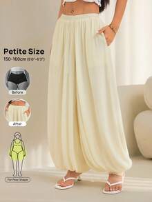 SHEIN PETITE Quần dài nữ màu trơn phong cách thường ngày đa năng xếp ly có túi dây buộc ống đèn bo gấu - Màu be - Xem 2