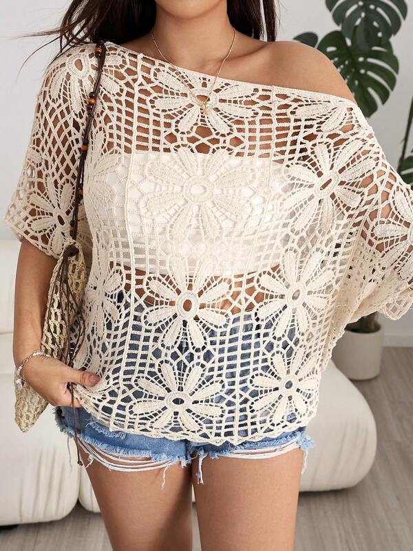 Solflare Plus Size Fashion Casual Loose Asymmetric Neck Hollow Crochet Knit Outerwear Top For Spring, Summer, Autumn
