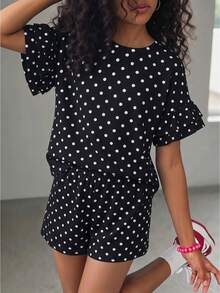 SHEIN Kids Tween Girl Fashion Casual Cute Knit Black And White Polka Dot Pattern Round Neck Short Sleeve Knit Striped Ruffle Sleeve T-Shirt And Striped Shorts 2pcs Set - Black - View 7