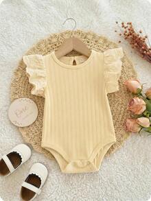 SHEIN رومبير كاجوال محبوك بلون موحد بياقة دائرية وحواف مكشكشة للبنات الصغيرات - أصفر - مشاهدة 7