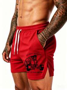 GymBeat Men's Slogan Gorilla Print Drawstring Waist Casual Sports Shorts - Red - View 3