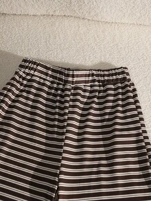8-12歲可愛少女咖啡色與白色條紋針織短袖上衣與直筒長褲2件套，春/夏/秋/冬四季時尚休閒優雅套裝 - 棕色 - 查看 5