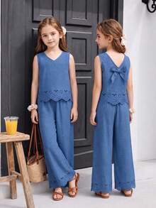 Young Girl Top Set,V-Neck Burn-Out Pattern Bowknot Sleeveless Top&Wide-Leg Pants Summer,Matching,Family Vacation,Holiday Outfits - Blue - View 1
