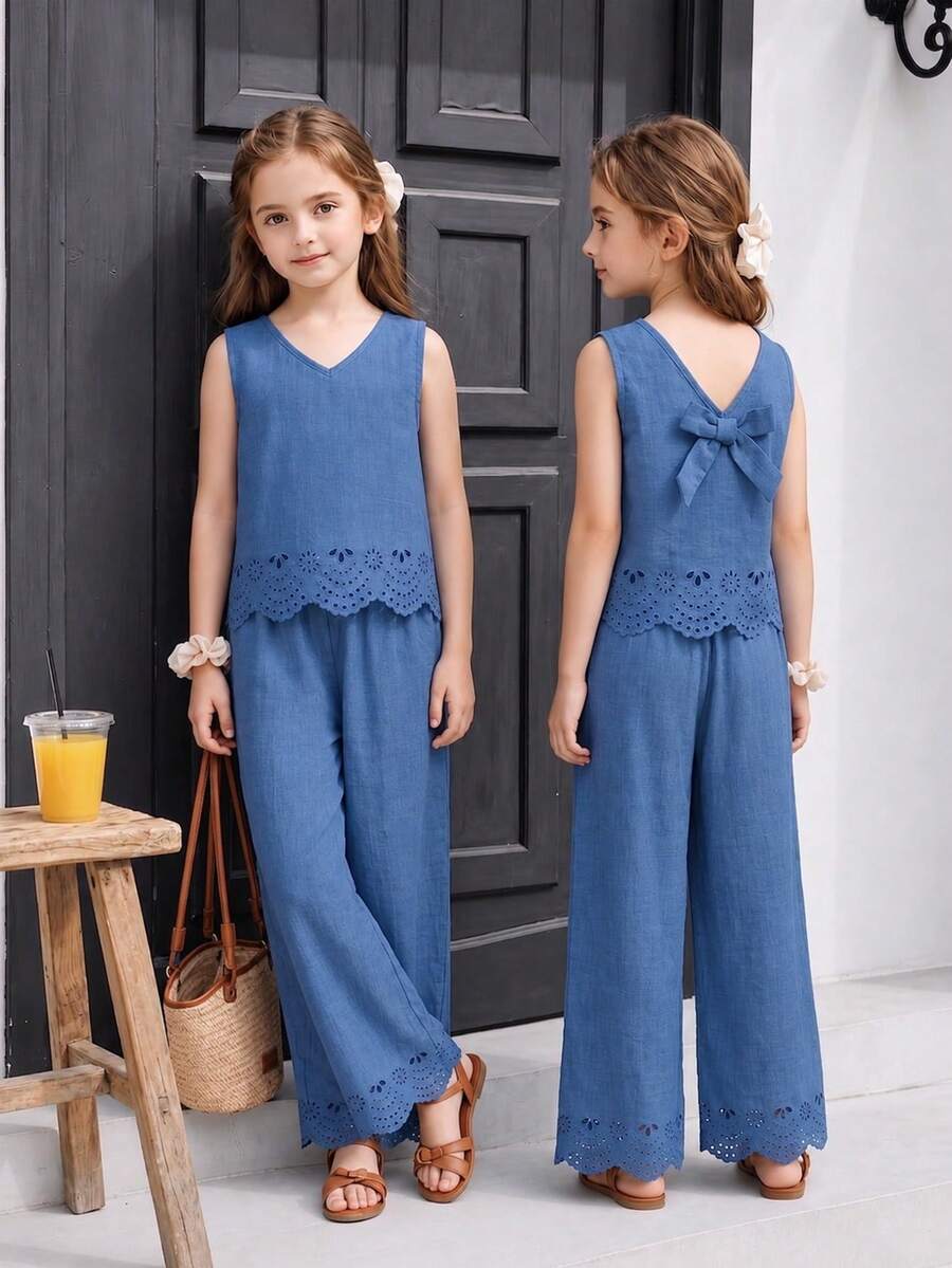 Young Girl Top Set,V-Neck Burn-Out Pattern Bowknot Sleeveless Top&Wide-Leg Pants Summer,Matching,Family Vacation,Holiday Outfits - Blue - View 1