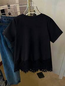 女童珠飾蝴蝶結刺繡圓領短袖休閒標準尺寸T恤 - 黑色 - 查看 4