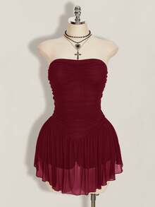 SHEIN ICON Vestido de malla plisado sin tirantes de unicolor para mujer talla grande - Burdeos - Ver 3