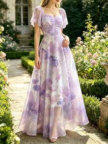 Modelyn 紫色花卉水墨紋理印花女款長洋裝，時尚方領百褶飄逸袖設計女裝，夏季收腰長版度假風洋裝，花卉圖案淡紫色雪紡洋裝，適合夏季假期與日常穿著 - 彩色 - 查看 4