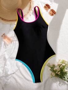 Swim SPRTY Summer Beach Vacation Women's Solid Color Contrast Trim One-Piece Surfing Suit - Multicolor - View 6