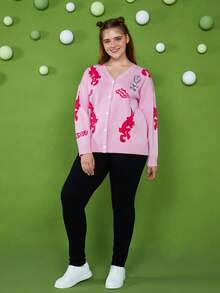 LOONEY TUNES X SHEIN 大碼字母&卡通圖案落肩袖開襟衫 - 粉色 - 查看 4