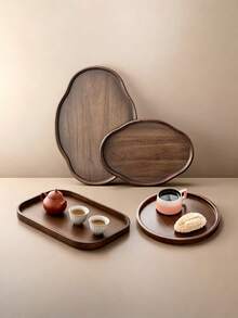 1pc Oval Shaped Walnut Wood Tray, Suitable For Serving Food, Snacks, Beverages, Sushi, Steak, Pizza, Desserts, Cakes, Breads, Also Can Be Used As Breakfast Tray, Coffee Tray, Tea Tray, Dining Plate, Serving Platter - Maroon - View 12