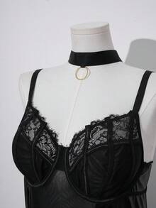 AltCore Lace Patchwork PU Leather Plus Size Fashion Pioneer Sexy Lingerie With Underwire 2pcs Set[Plus Size Bodysuit + Choker] - Black - View 5