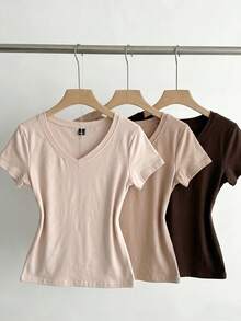 SHEIN EZwear 3件組女款夏季V領修身T恤，龐克次文化動漫純色基本款V領短袖修身T恤 - 彩色 - 查看 3