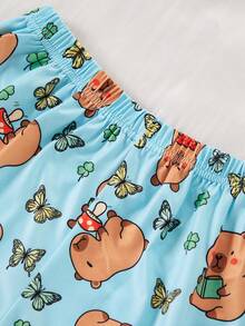 2pcs/Set Piyama Atasan Pendek Bahu Longgar & Celana Pendek Anak Perempuan, Motif Capybara Lucu, Kain Lembut & Nyaman, Gaya Rumahan yang Santai Namun Tetap Ceria - Mint Green - View 8