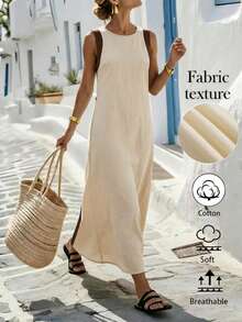 Hotletica Women's Summer Loose Color Block Sleeveless Long Casual Dress - Beige - View 1