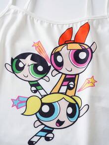 THE POWERPUFF GIRLS X SHEIN 女款卡通印花細肩帶上衣與短褲睡衣套裝 - 白色 - 查看 3