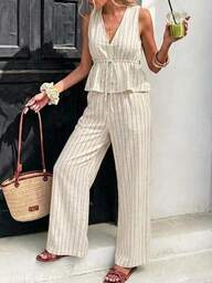 Serisse Women's Casual Pants Set, Striped Set, Elegant, Commute, Summer Clothing, Outing Set, Suitable For Daily Commute, Date, Gathering, Autumn/Winter/Spring/Summer, Christmas, New Year, Thanksgiving, Party, Wedding, Beach, Graduation Ceremony, Fashion, Elegant, Casual, Outing, Date, Appointment, Commute