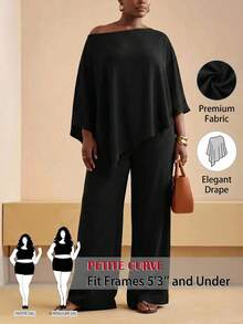 SHEIN PETITE CURVE Conjunto de 2 piezas de talla grande con top asimétrico y pantalones de unicolor elegante para uso diario - Negro - Ver 9