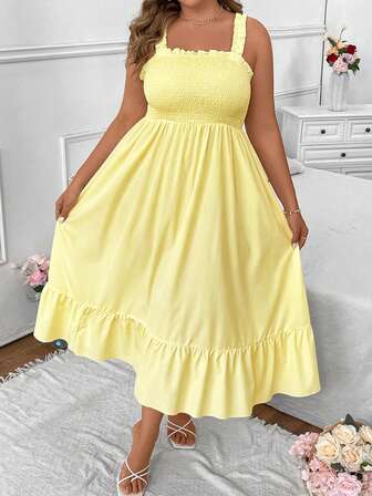 Vionelle Plus Size Summer Casual Solid Color Cami Dress Maxi Women Outfit