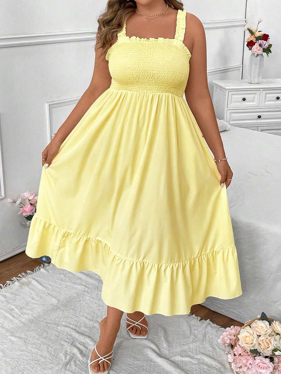 Vionelle Gaun Cami Maxi Kasual Musim Panas Ukuran Plus Warna Polos untuk Wanita - Angsa kuning - View 1