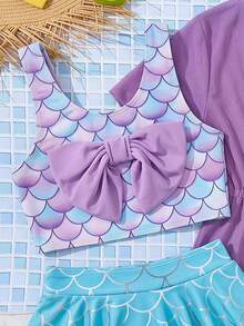 SHEIN Kids Young Girl Fish Scale Print Bow Decor Bikini And Triangle Bottom Two-Piece Swimsuit Set With Cover-Up Dress Baby Yellow Summer - Multicolor - View 8
