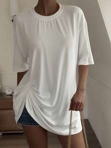 Livesso Women's All White Summer Casual Everyday Loose Top With Pleated Asymmetric Hem,Street Style Short Sleeve T-Shirt For Music Festival Vacation Office - White - View 7