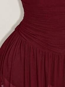 SHEIN ICON Vestido de malla plisado sin tirantes de unicolor para mujer talla grande - Burdeos - Ver 9