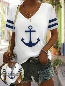 NostaNoir Ladies' Anchor Printed Short Sleeve Casual T-Shirt Graphic Tees Women Tops - White - View 1