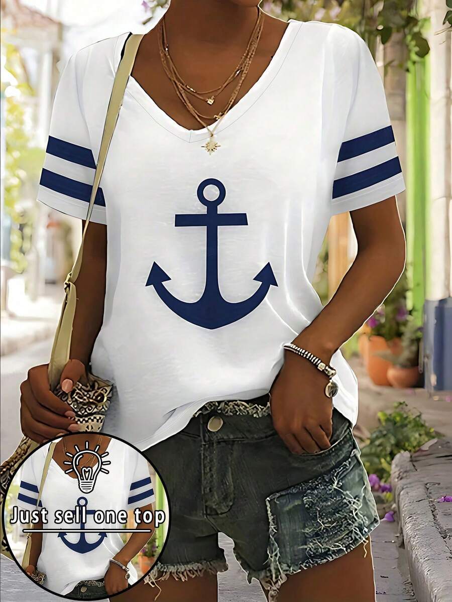 NostaNoir Ladies' Anchor Printed Short Sleeve Casual T-Shirt Graphic Tees Women Tops - White - View 1